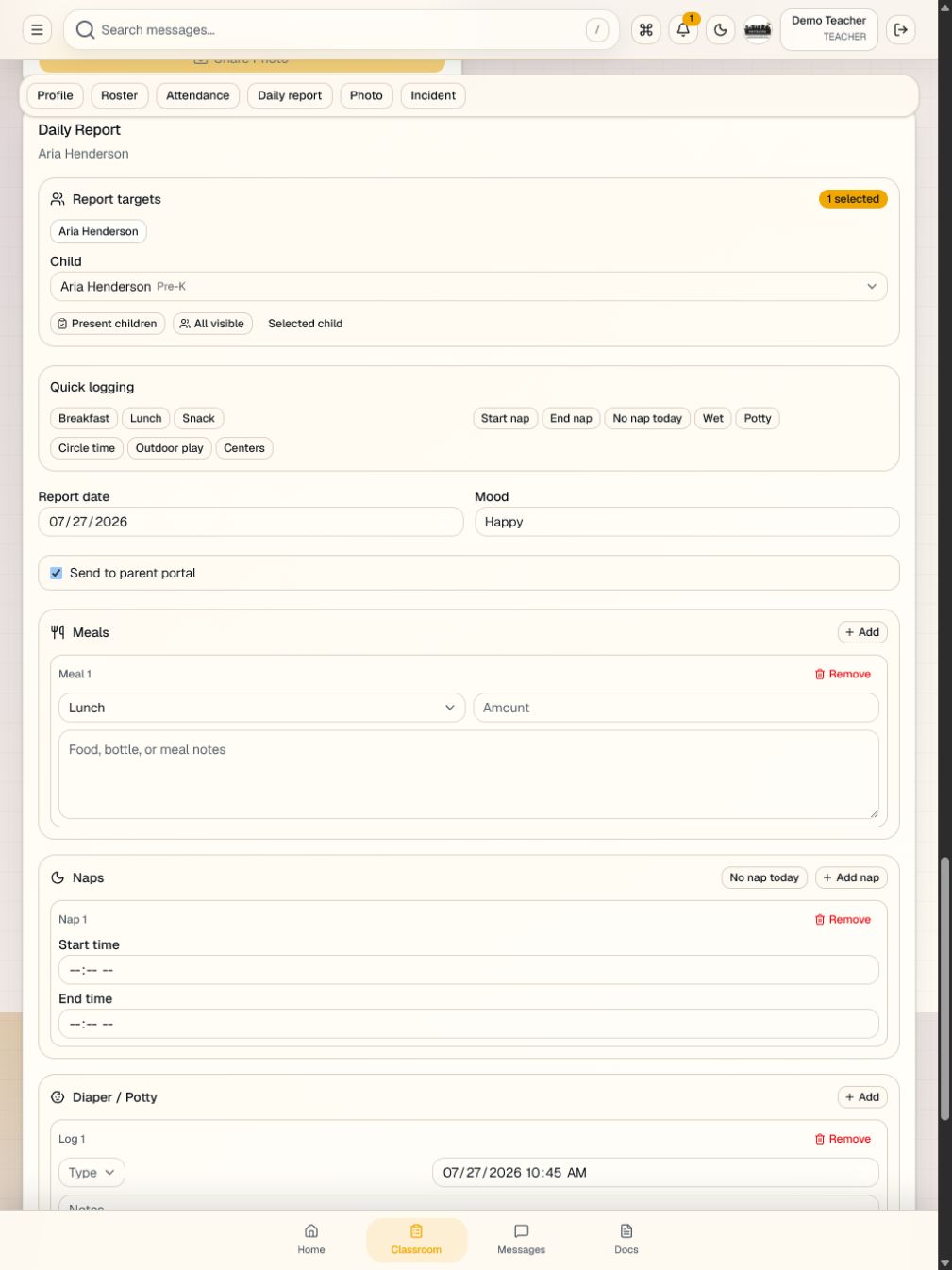 The BEE Suite teacher daily report on a tablet