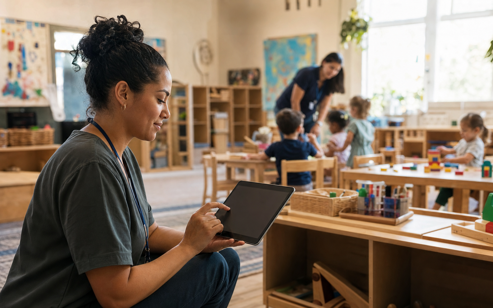 A teacher using The BEE Suite on a tablet in a preschool classroom